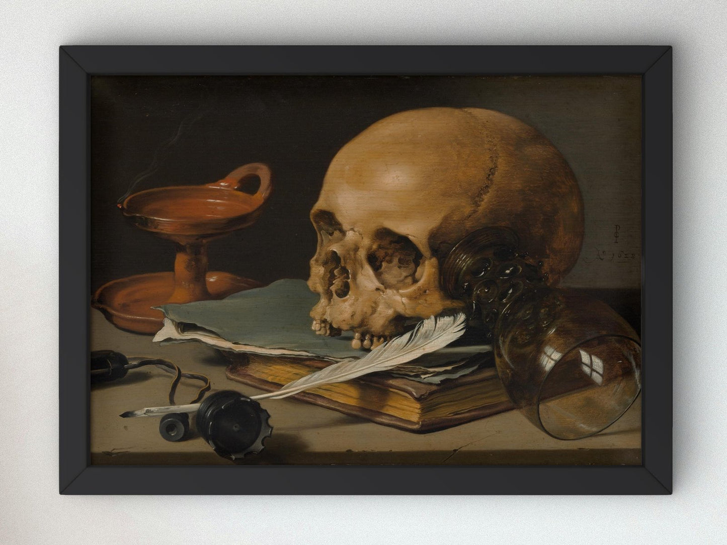Still Life with Skull and Writing Quill by Pieter Claesz, 1628, Baroque and Chiaroscuro, fine art print