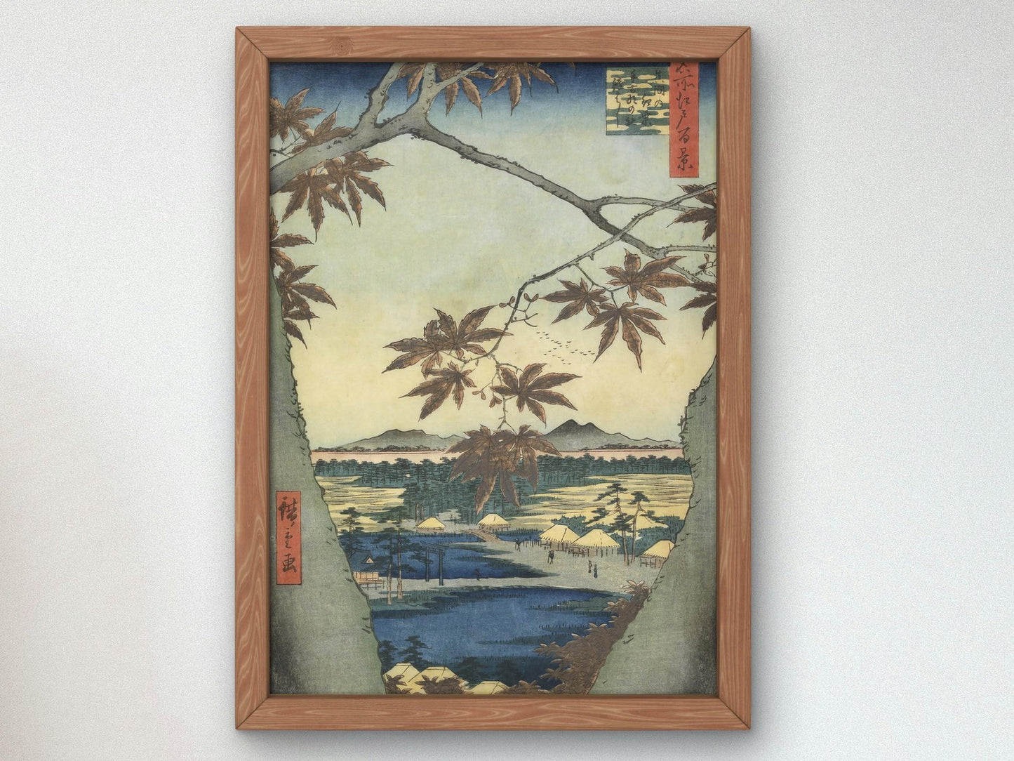 Maple Leaves of Mama Tekona Shrine and Tsugi Bridge by Hiroshige, 1857, Japanese Woodblock Prints, fine art print