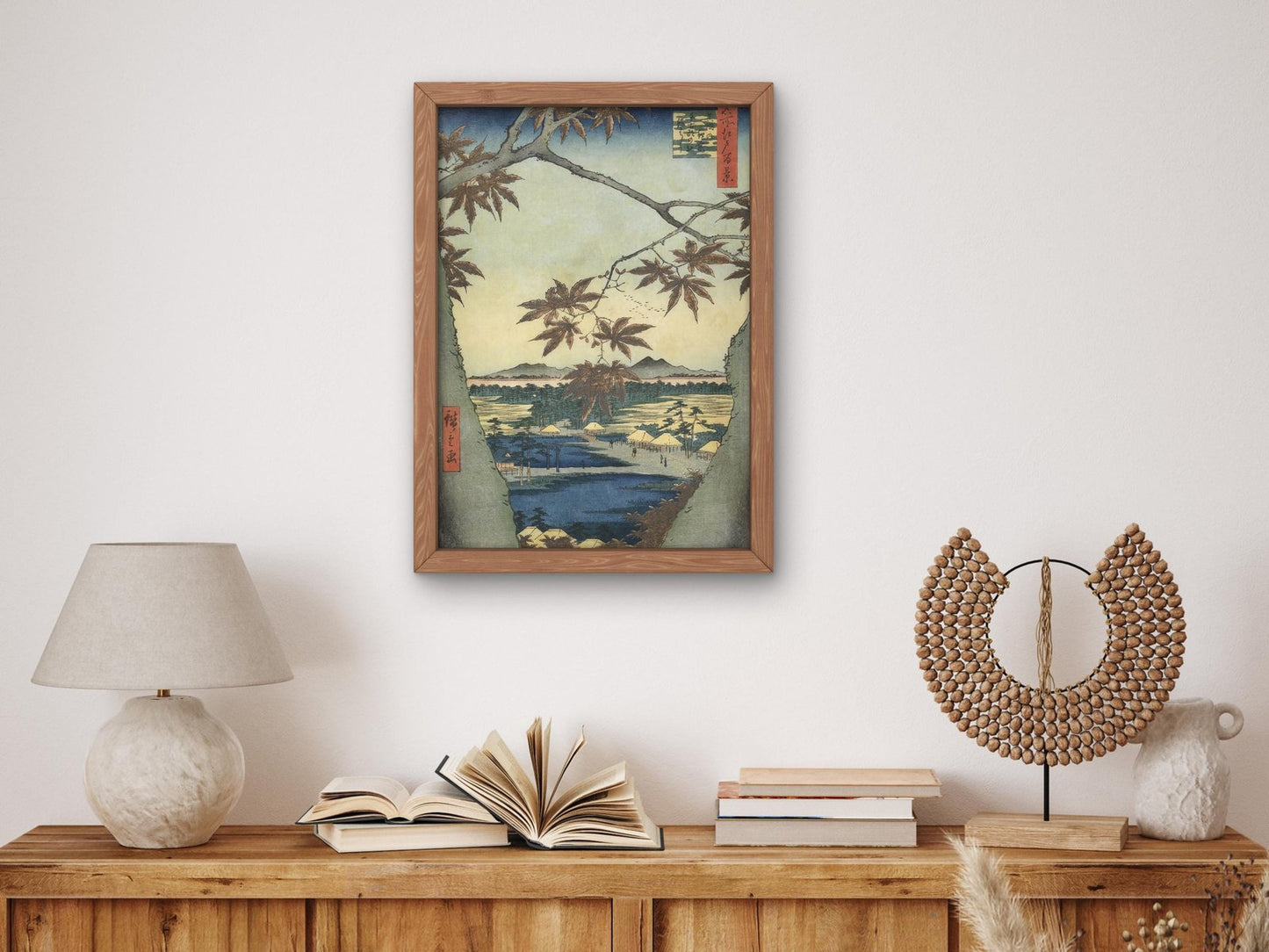 Maple Leaves of Mama Tekona Shrine and Tsugi Bridge by Hiroshige, 1857, Japanese Woodblock Prints, fine art print