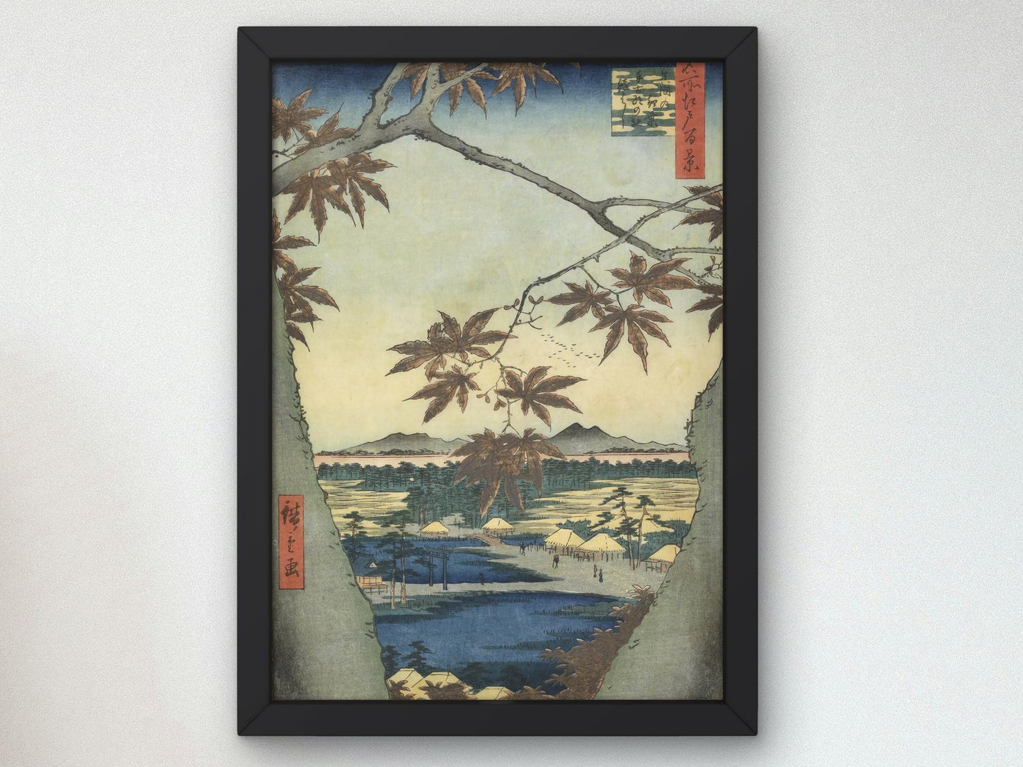 Maple Leaves of Mama Tekona Shrine and Tsugi Bridge by Hiroshige, 1857, Japanese Woodblock Prints, fine art print
