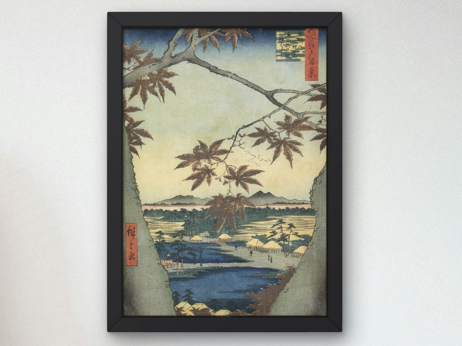 Maple Leaves of Mama Tekona Shrine and Tsugi Bridge by Hiroshige, 1857, Japanese Woodblock Prints, fine art print
