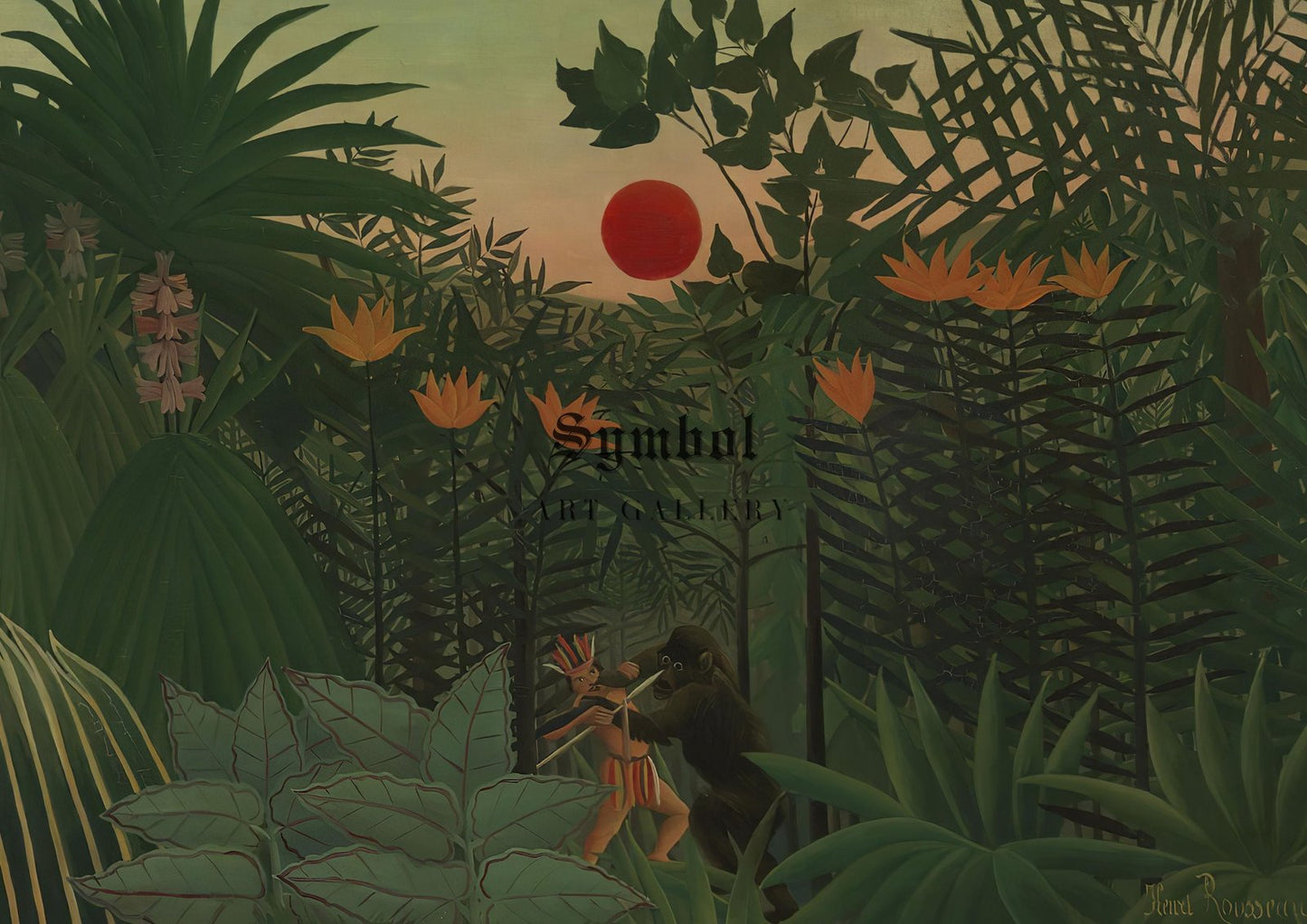 Tropical Landscape American Indian Struggling with a Gorilla by Henri Rousseau, 1910, Post-Impressionism, fine art print