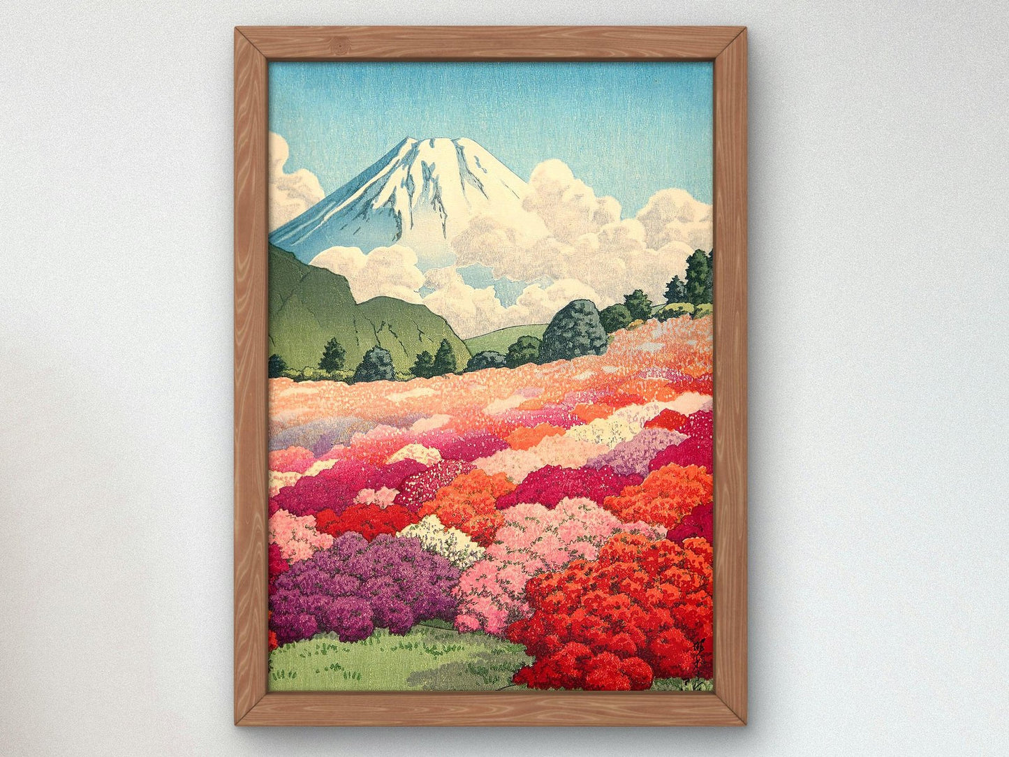 View of an Azalea Garden and Mt. Fuji by Kawase Hasui, 1935, Japanese Woodblock Prints, fine art print