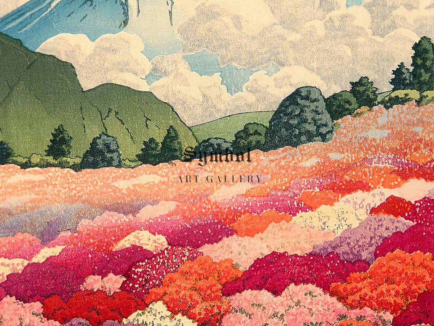 View of an Azalea Garden and Mt. Fuji by Kawase Hasui, 1935, Japanese Woodblock Prints, fine art print