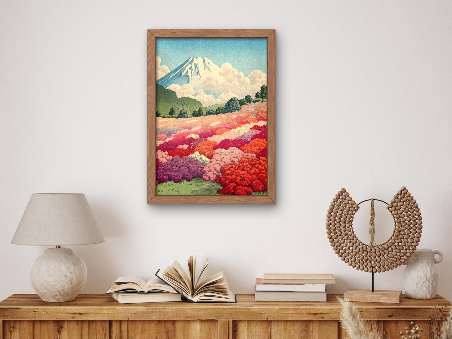 View of an Azalea Garden and Mt. Fuji by Kawase Hasui, 1935, Japanese Woodblock Prints, fine art print