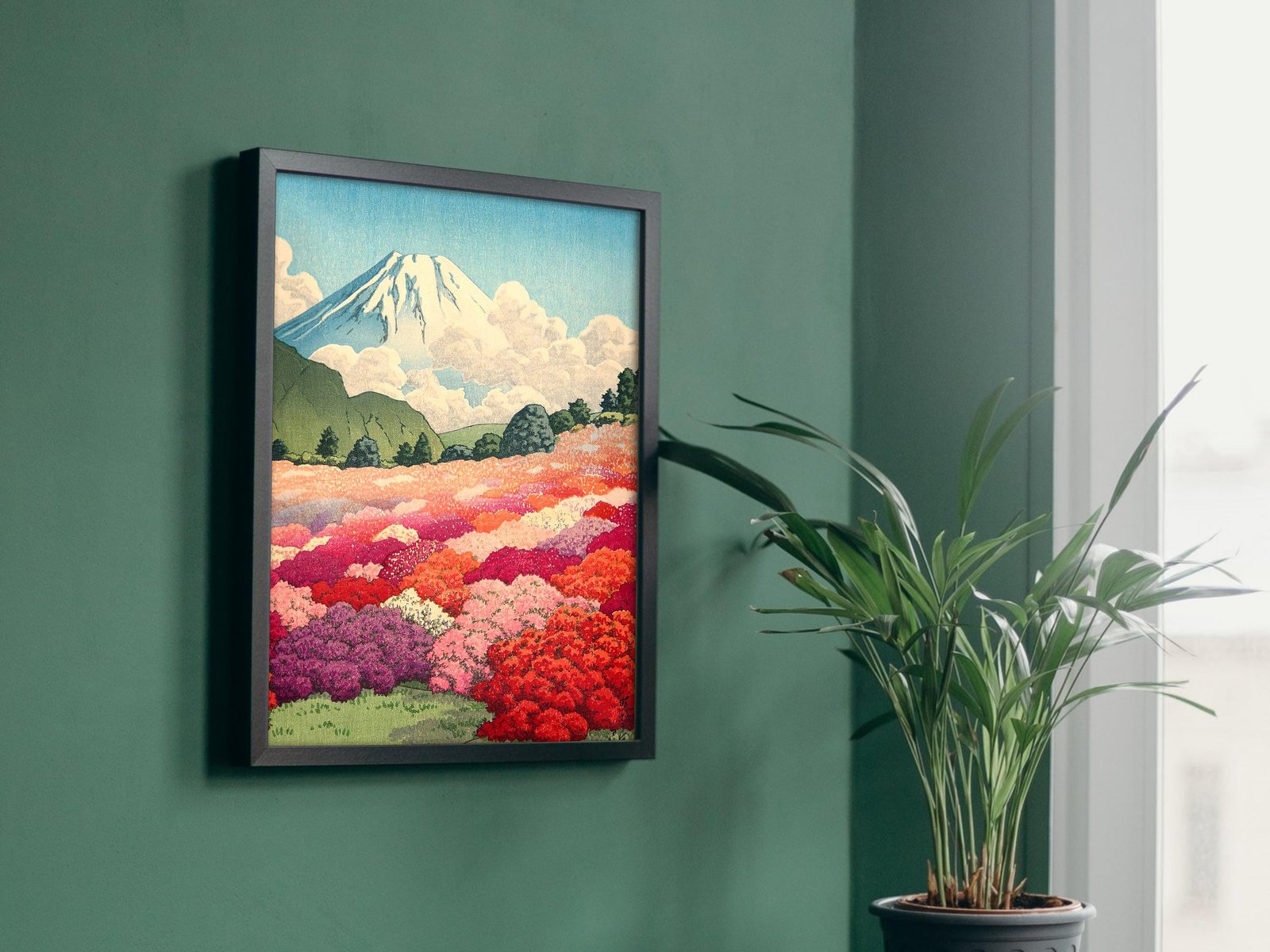 View of an Azalea Garden and Mt. Fuji by Kawase Hasui, 1935, Japanese Woodblock Prints, fine art print