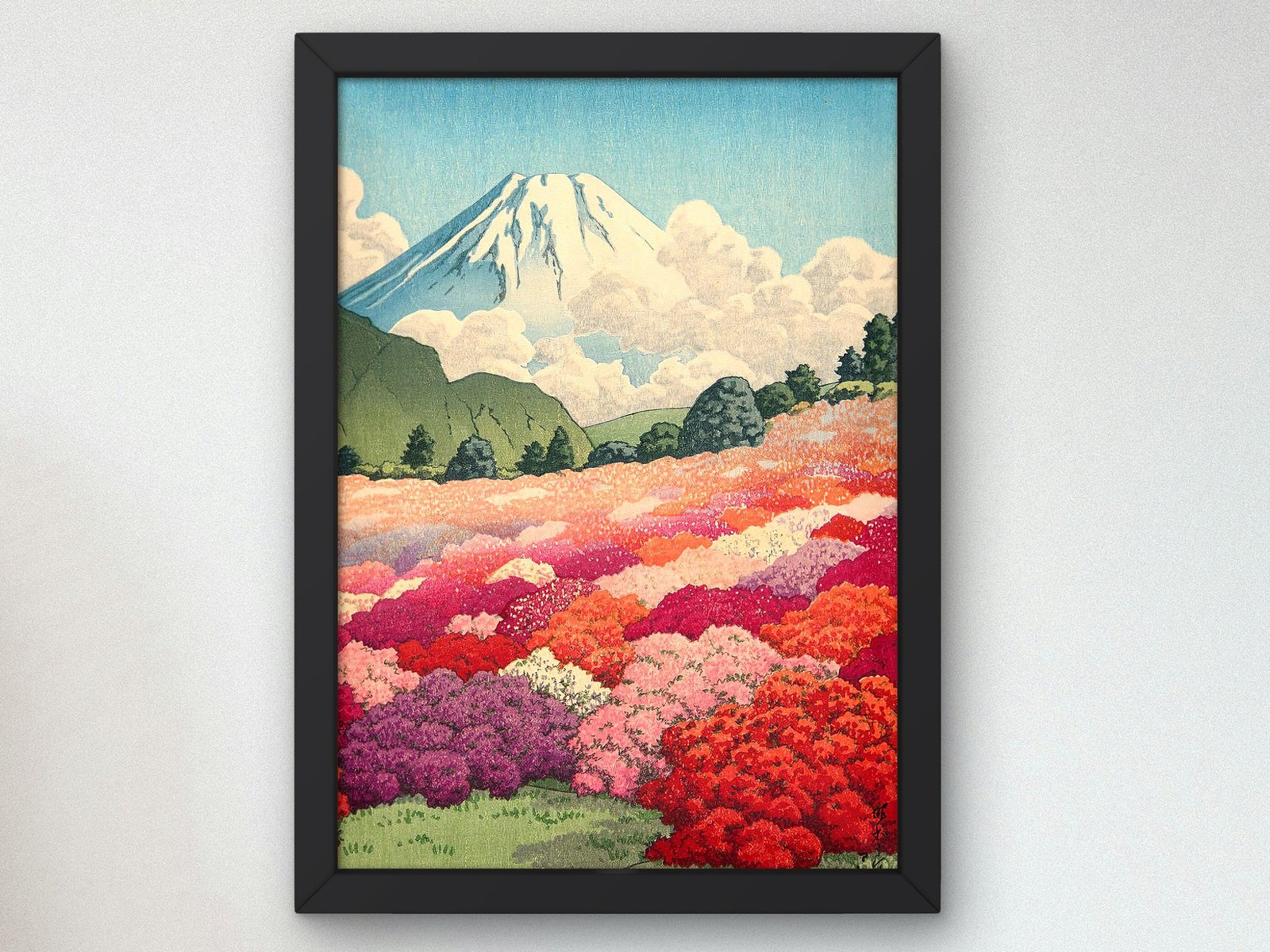 View of an Azalea Garden and Mt. Fuji by Kawase Hasui, 1935, Japanese Woodblock Prints, fine art print