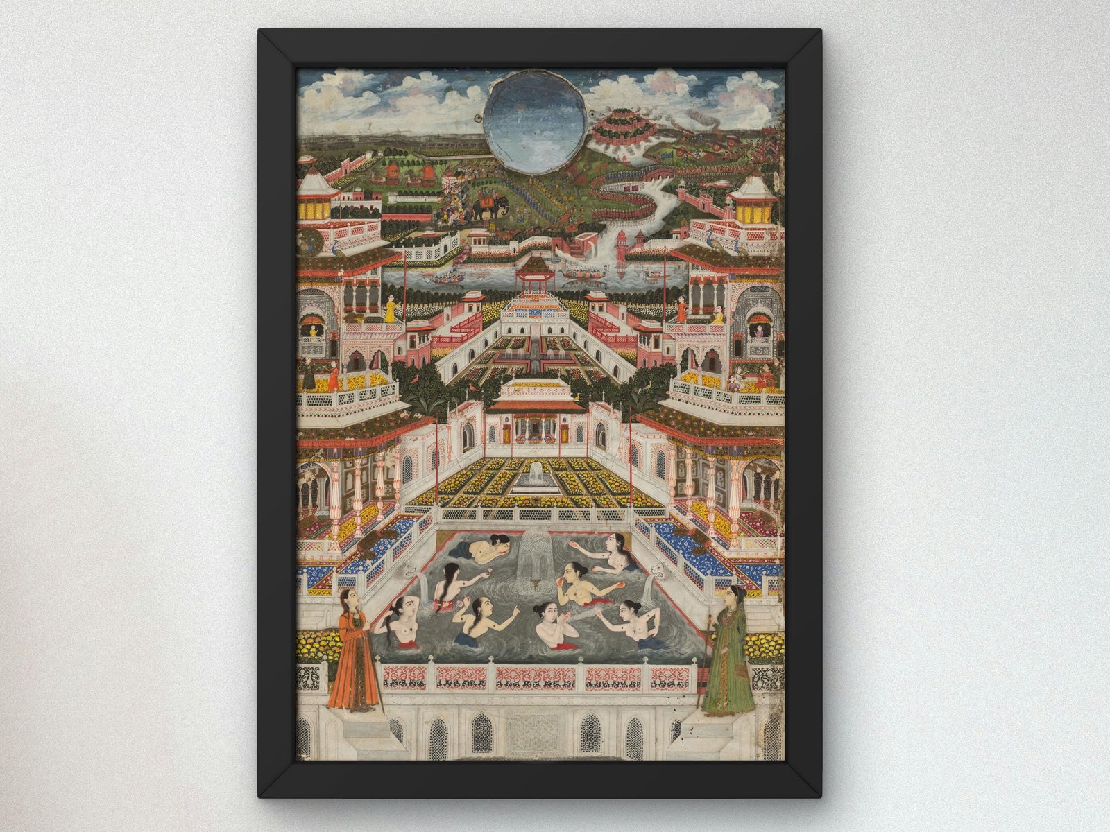 Women Bathing Before Architectural Panorama by Fayzullah, 1765, Orientalism and Exoticism, fine art print
