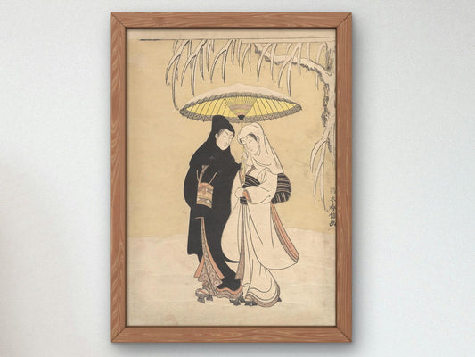 Young Lovers Walking Together under an Umbrella in a Snow Storm by Suzuki Harunobu, 1769, Japanese Woodblock Prints, fine art print