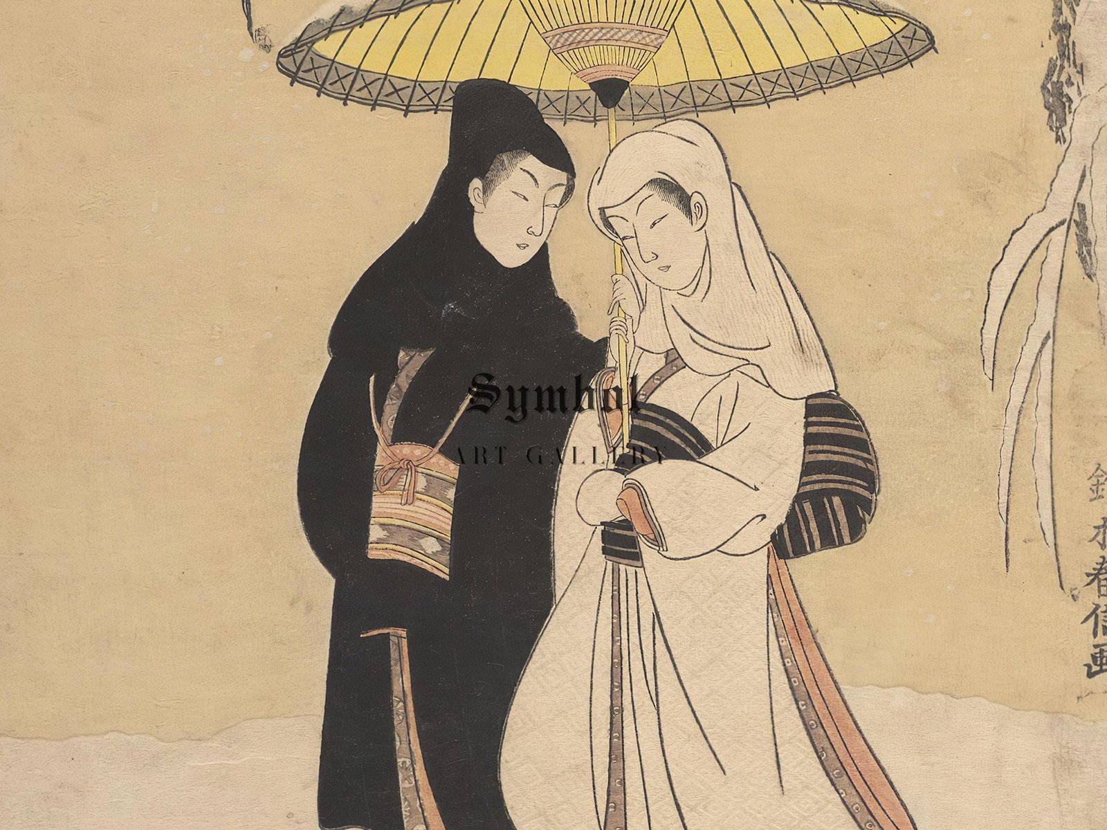 Young Lovers Walking Together under an Umbrella in a Snow Storm by Suzuki Harunobu, 1769, Japanese Woodblock Prints, fine art print