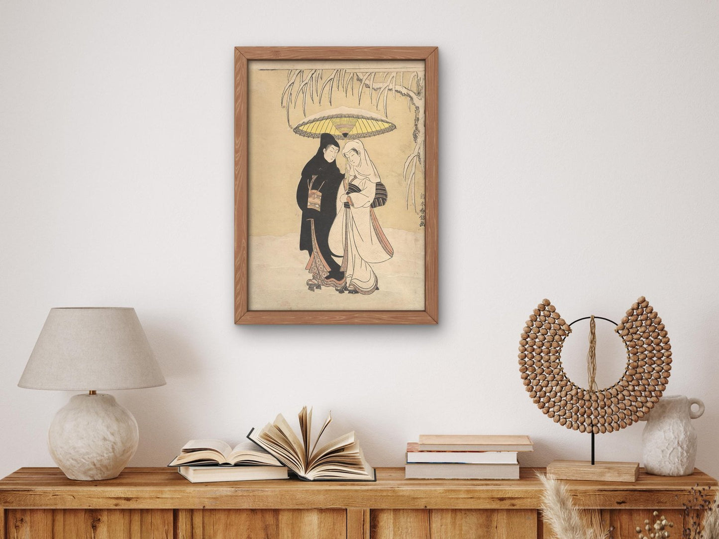 Young Lovers Walking Together under an Umbrella in a Snow Storm by Suzuki Harunobu, 1769, Japanese Woodblock Prints, fine art print