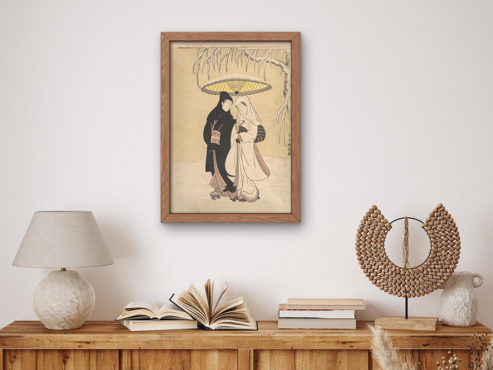 Young Lovers Walking Together under an Umbrella in a Snow Storm by Suzuki Harunobu, 1769, Japanese Woodblock Prints, fine art print