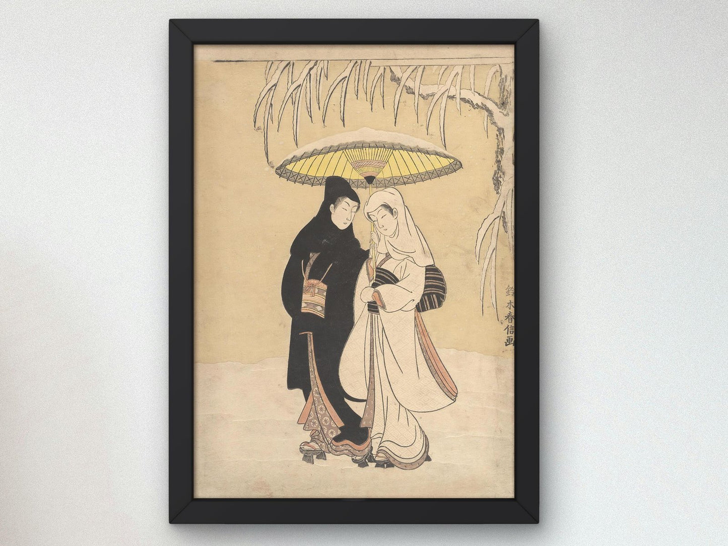 Young Lovers Walking Together under an Umbrella in a Snow Storm by Suzuki Harunobu, 1769, Japanese Woodblock Prints, fine art print