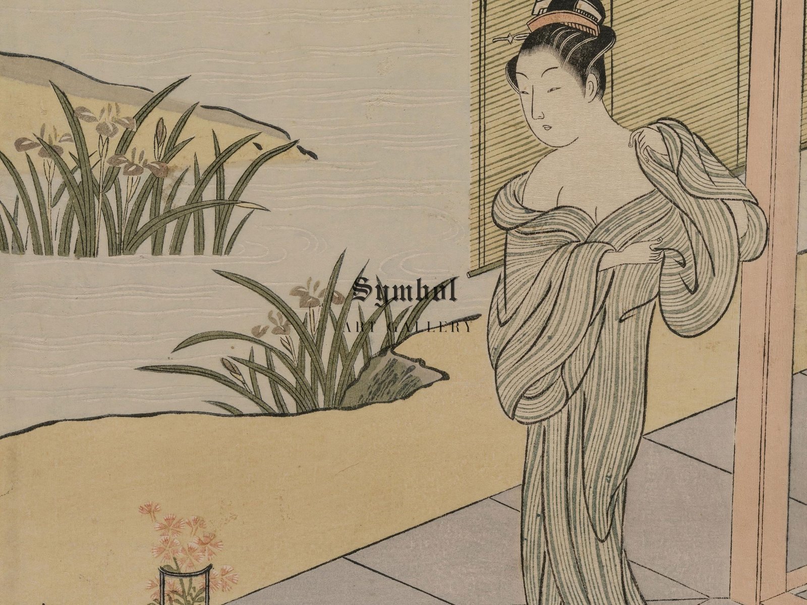 Young Woman Looking at a Pot of Pinks by Suzuki Harunobu, 1767, Japanese Woodblock Prints, fine art print