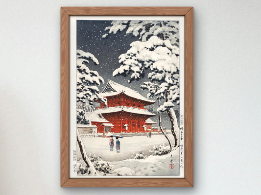 Zojo-ji Temple in Snow by Tsuchiya Koitsu, 1933, Japanese Woodblock Prints, fine art print