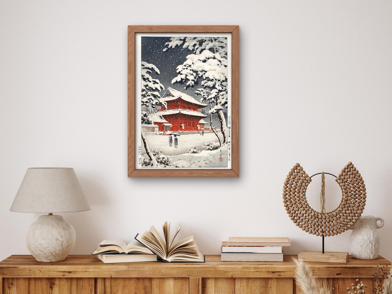 Zojo-ji Temple in Snow by Tsuchiya Koitsu, 1933, Japanese Woodblock Prints, fine art print